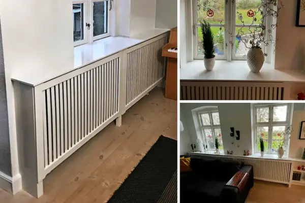 Vitt elementskydd längs fönsterbrädorna ger ett stilrent intryck.