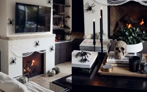 Skrämmande spindlar och pumpor pryder spisen och soffbordet. En dödskalle och svarta ljus skapar stämning för ditt halloween pynt diy.