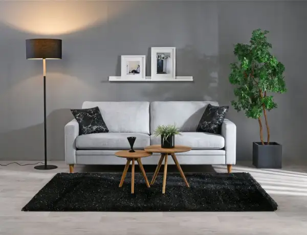 Ett stilrent grått och beige vardagsrum med en ljus soffa, svarta kuddar, träbord och en stor grön växt.