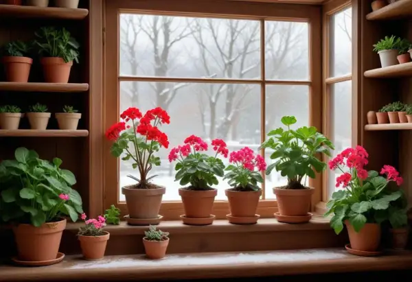Potted geraniums with red and pink blooms sit on a windowsill with a snowy outdoor view.