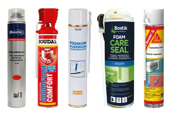 Fem burkar fogskum för tätning och isolering. Olika märken som Bostik, Soudal, Biltema och Sika.