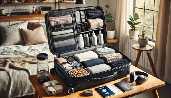 Packa smart med Thule väskor och takbox. En öppen resväska fylld med prydligt packade kläder och necessär.