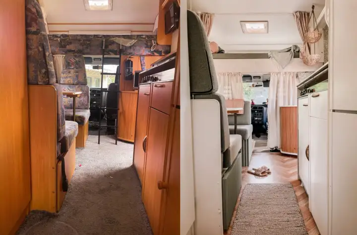 Före och efter-bild på en husbil. Den gamla, slitna inredningen har ersatts med en ljus och mysig atmosfär. En renoverad husbil som känns inbjudande.
